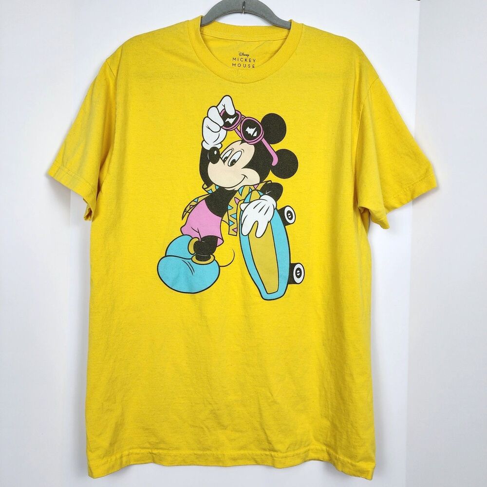Disney Mickey Mouse Retro Skateboard Graphic Tee T-Shirt Yellow Unisex Size OS